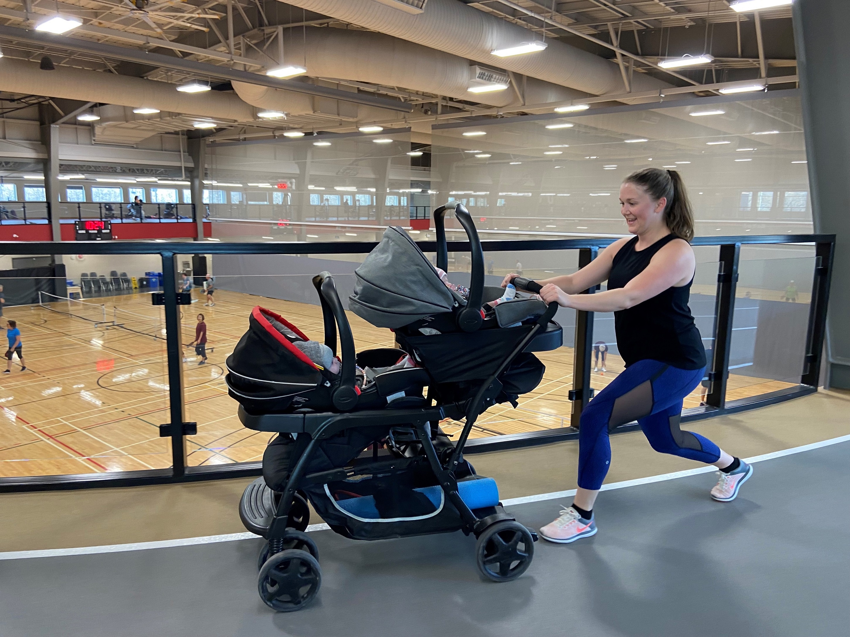 indoor stroller fitness with twin babies